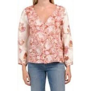 Linen Tahari Floral V-Neck Blouse - Pink and Cream button shirt